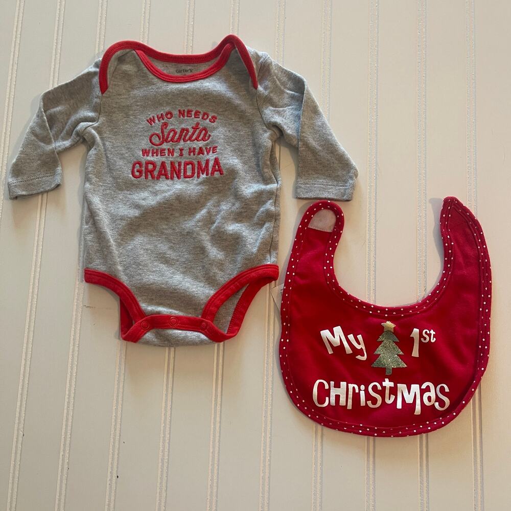 Carters Embroidered Santa Grandma Bodysuit Bib Bundle Gift Baby 3 Months Unisex